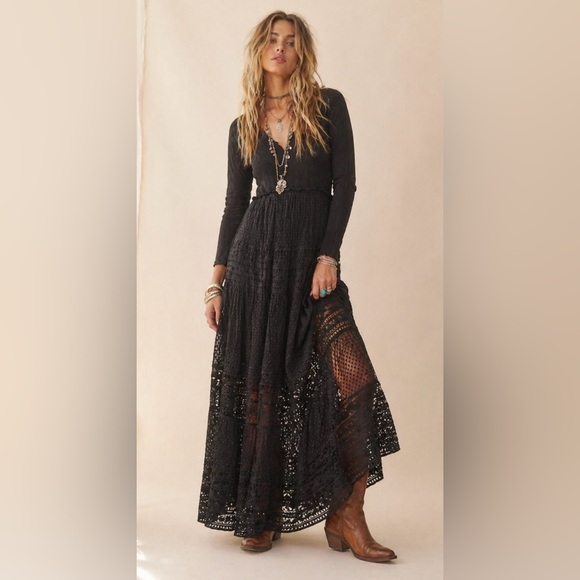 Free People Dresses & Skirts - Free People Earth Angel Black Lace Maxi Dress Gothic Western Boho Fairy Medium